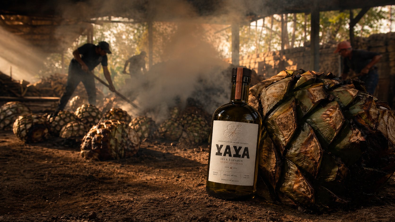 Maestro mezcalero working in the palenque with smoke and agave piñas