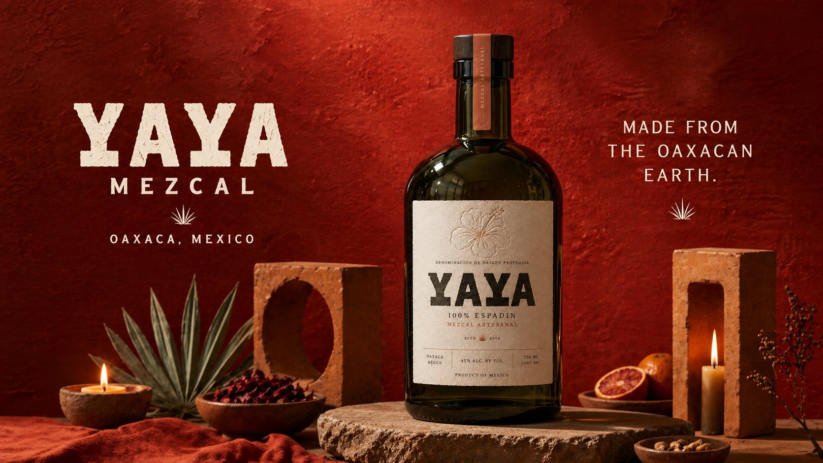 YAYA Mezcal bottle against terracotta wall with candles and agave